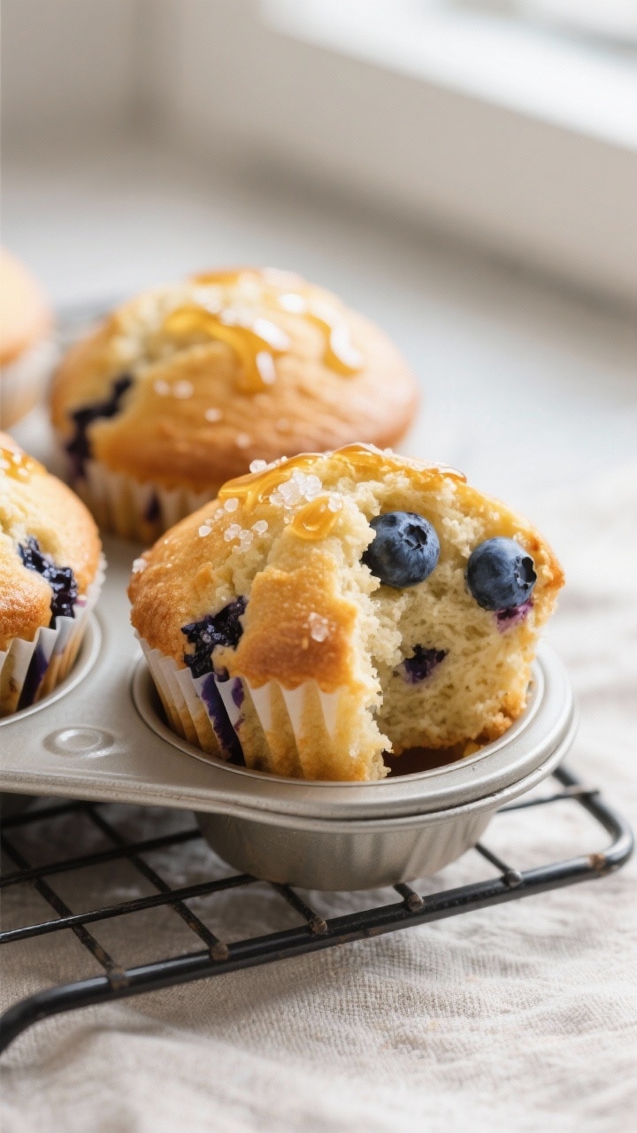 Close-up detail shot of freshly baked Greek yogurt blueberry protein muffins just out of the tin, go