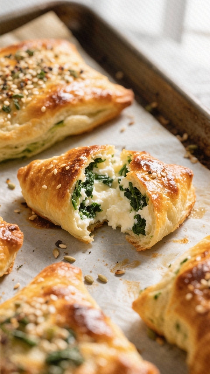 Close-up detail shot of freshly baked spinach cottage cheese flagels just out of the oven: deep gold