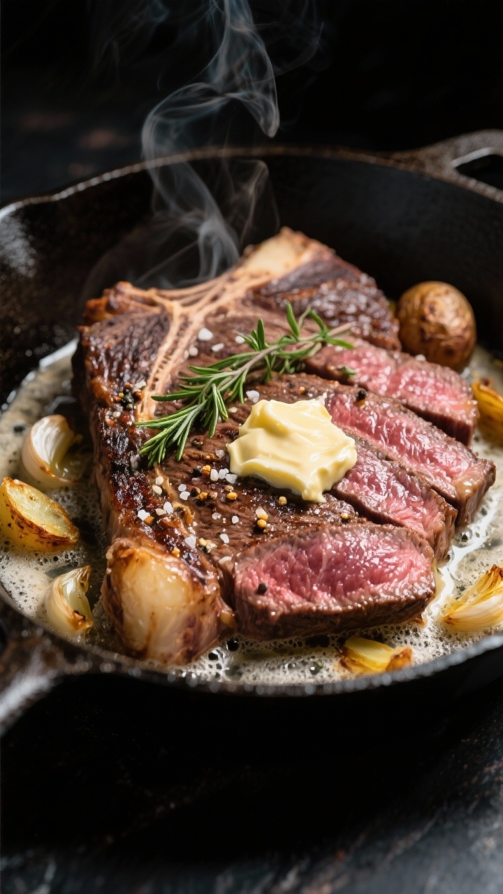 Close-up detail shot: Sliced medium-rare ribeye steak in a cast-iron skillet, glistening with foamin