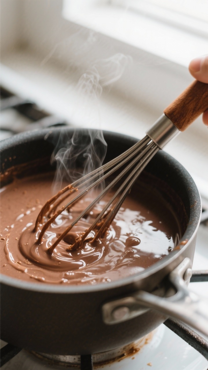 Close-up detail: Silky champurrado being whisked to a glossy finish in a saucepan, showing thick, dr