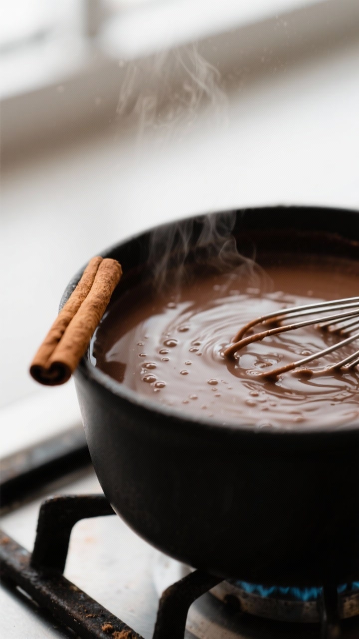 Close-up detail: Silky champurrado mid-simmer in a matte black saucepan, glossy chocolate surface wi