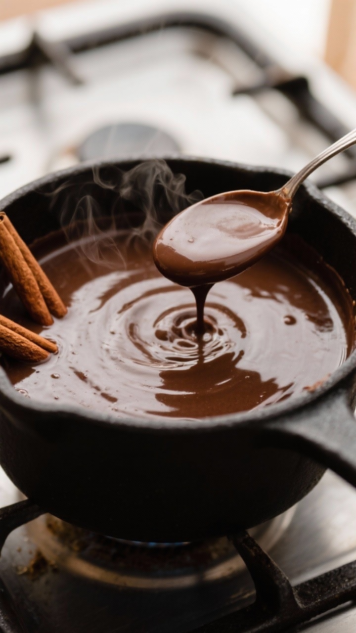 Close-up detail: Silky champurrado mid-simmer in a matte black saucepan, glossy chocolate sheen with