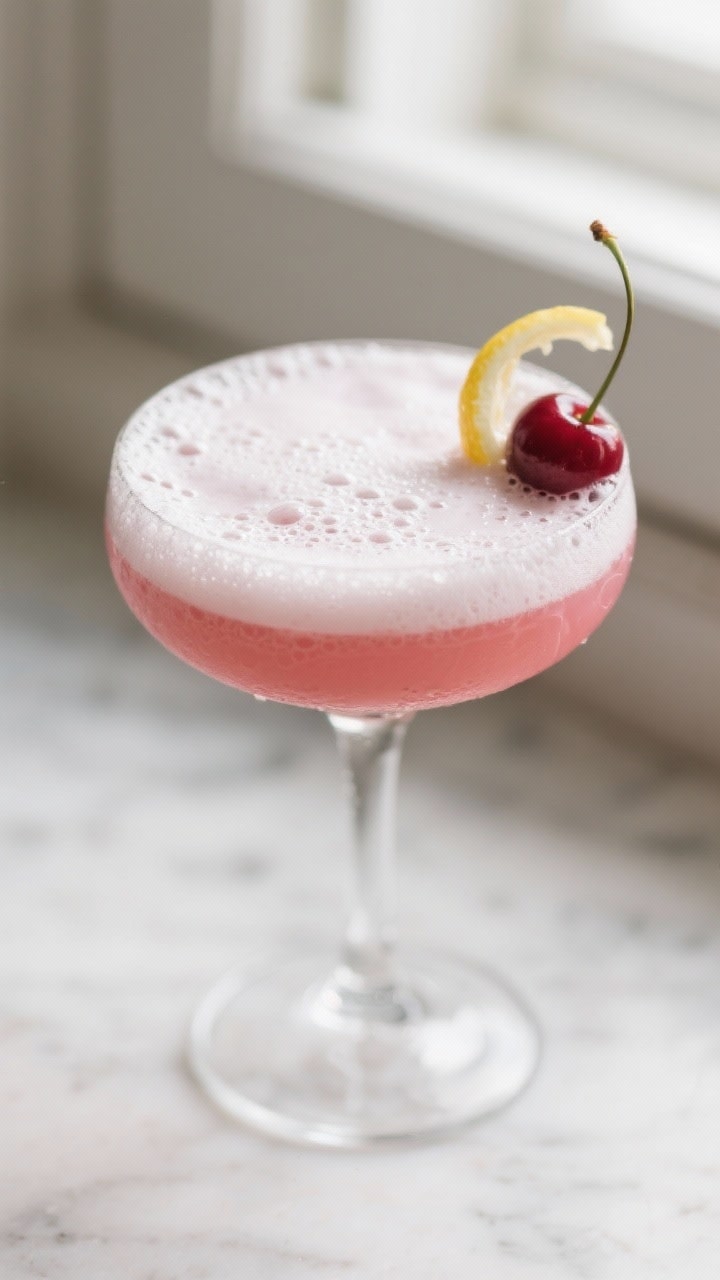 Close-up detail: Silky pink lady mocktail foam crowned in a chilled coupe, dense micro-bubbles from 