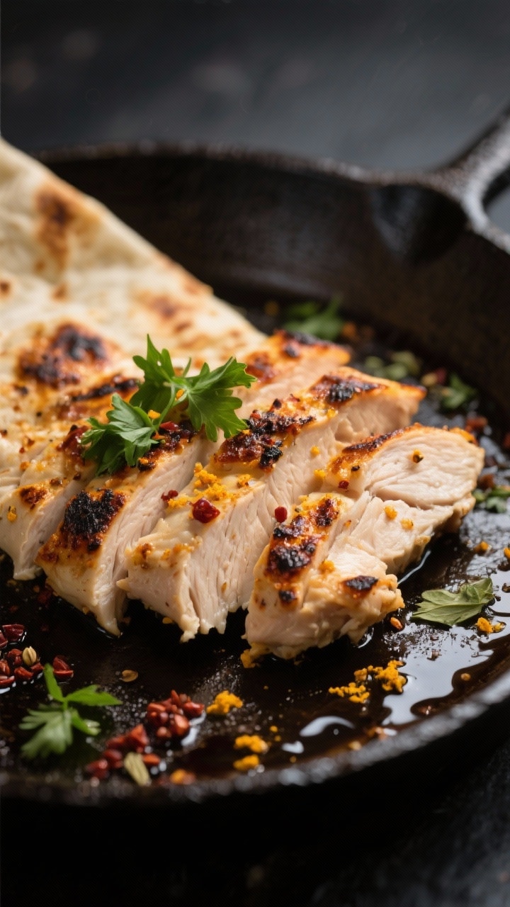 Close-up detail: Sliced chicken shawarma fresh off the cast-iron skillet, showing caramelized, charr