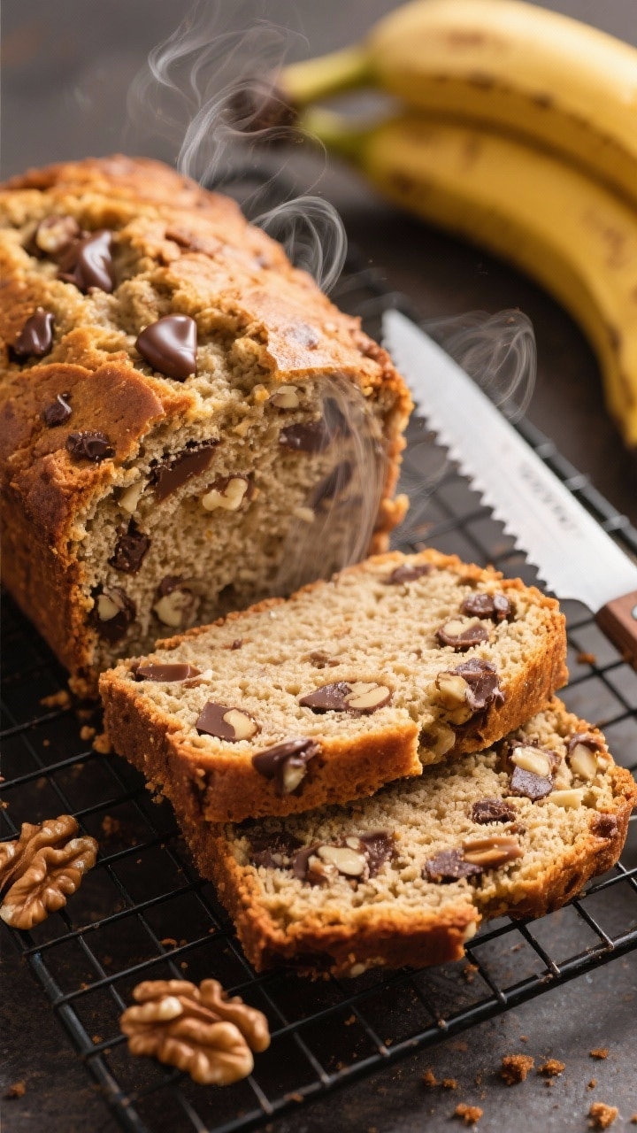 Close-up detail: Sliced vegan banana bread on a wire rack, showing a tender, moist crumb with evenly