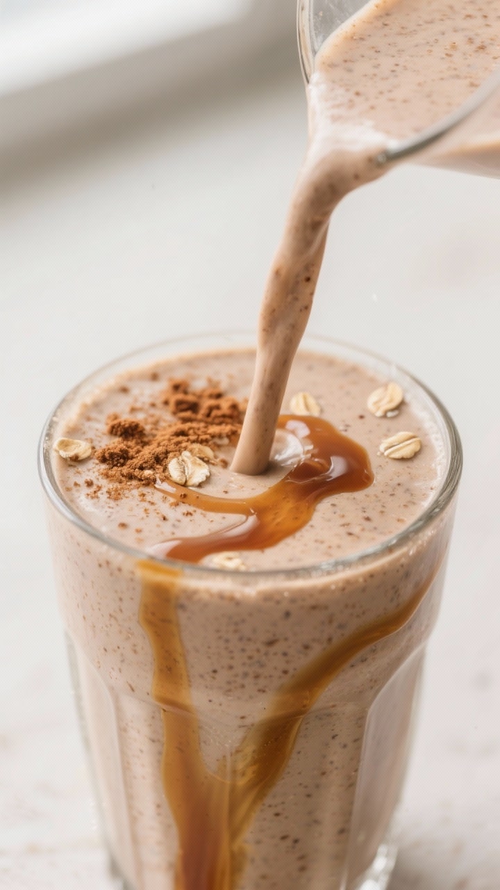 Close-up detail: Thick, creamy gingerbread protein smoothie mid-pour into a chilled clear glass, rib