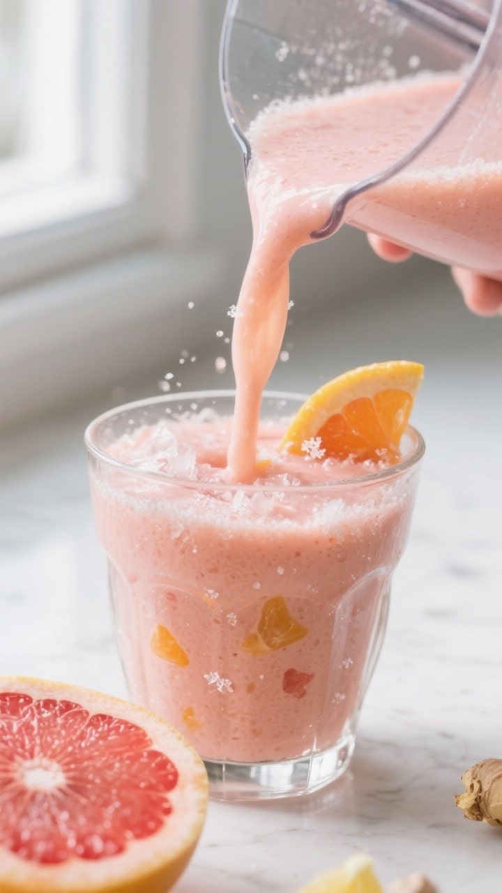 Close-up detail: Thick, frosty winter citrus smoothie being poured from a blender into a clear glass