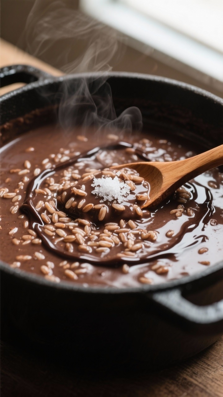 Close-up detail: Thick, glossy champorado mid-simmer in a matte black saucepan, glutinous rice grain