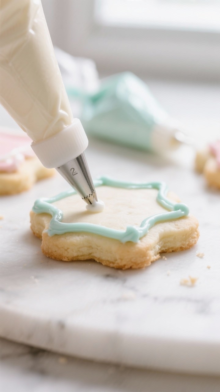 Close-up detail: Thick piping-consistency royal icing forming a crisp outline on a vanilla sugar coo