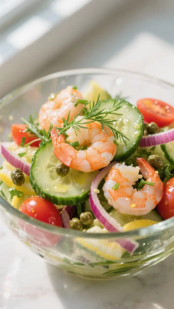 Close-up detail: Tossed cucumber shrimp salad in a chilled glass bowl, showcasing crisp thin English