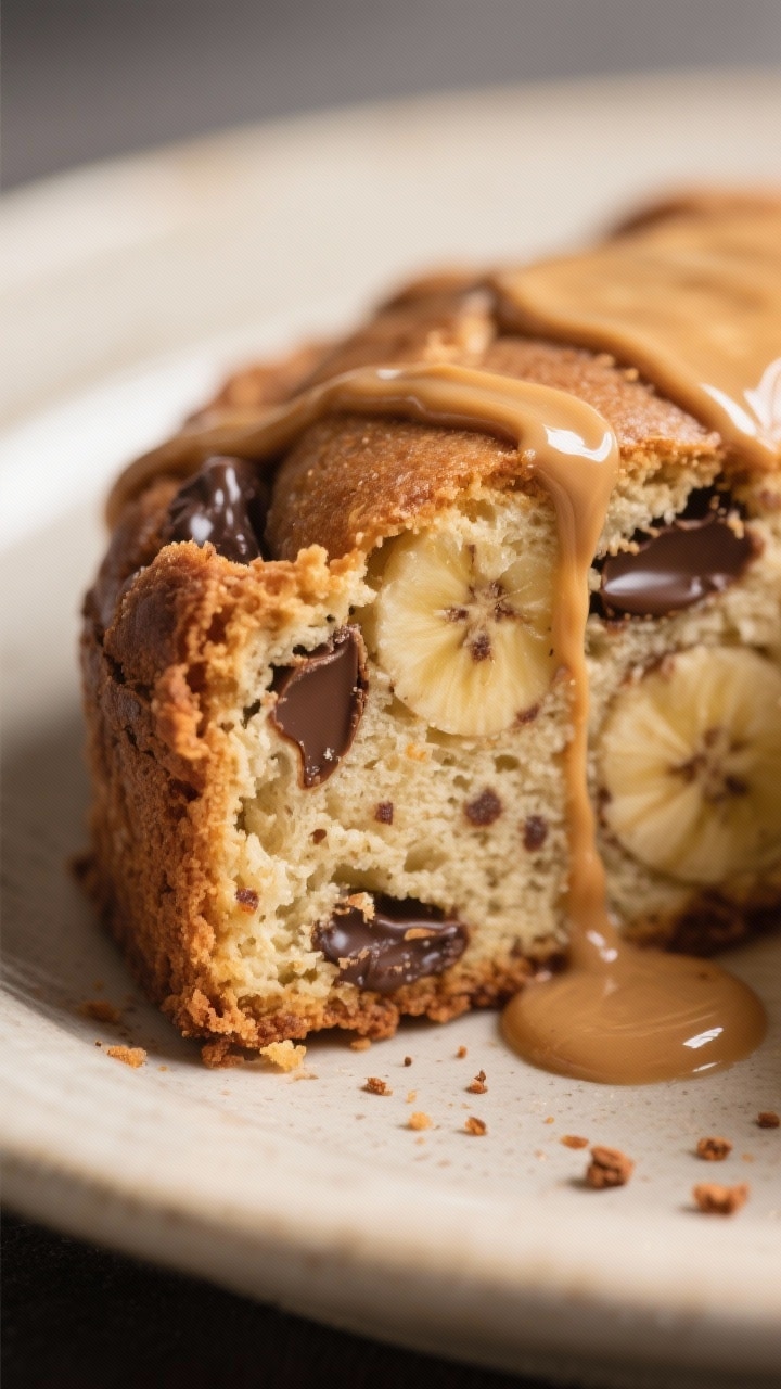 Close-up detail: Ultra close-up of a sliced piece showing a tender, moist crumb with visible banana 