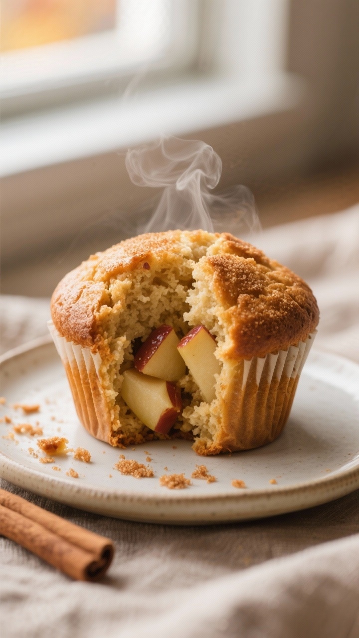 Close-up detail: Warm apple cinnamon muffin just out of the oven, split open to reveal moist, tender