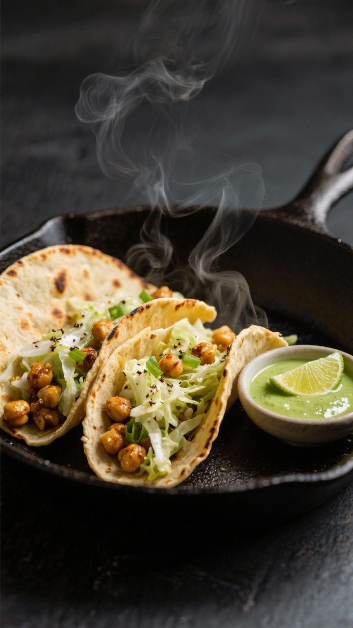 Close-up detail: Warm corn tortillas being filled with roasted chickpeas and shredded cabbage on a h