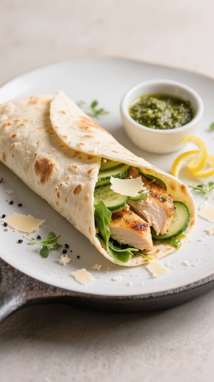 Close-up final dish: warm cottage cheese flatbread used as a wrap, sliced on the bias to show interi