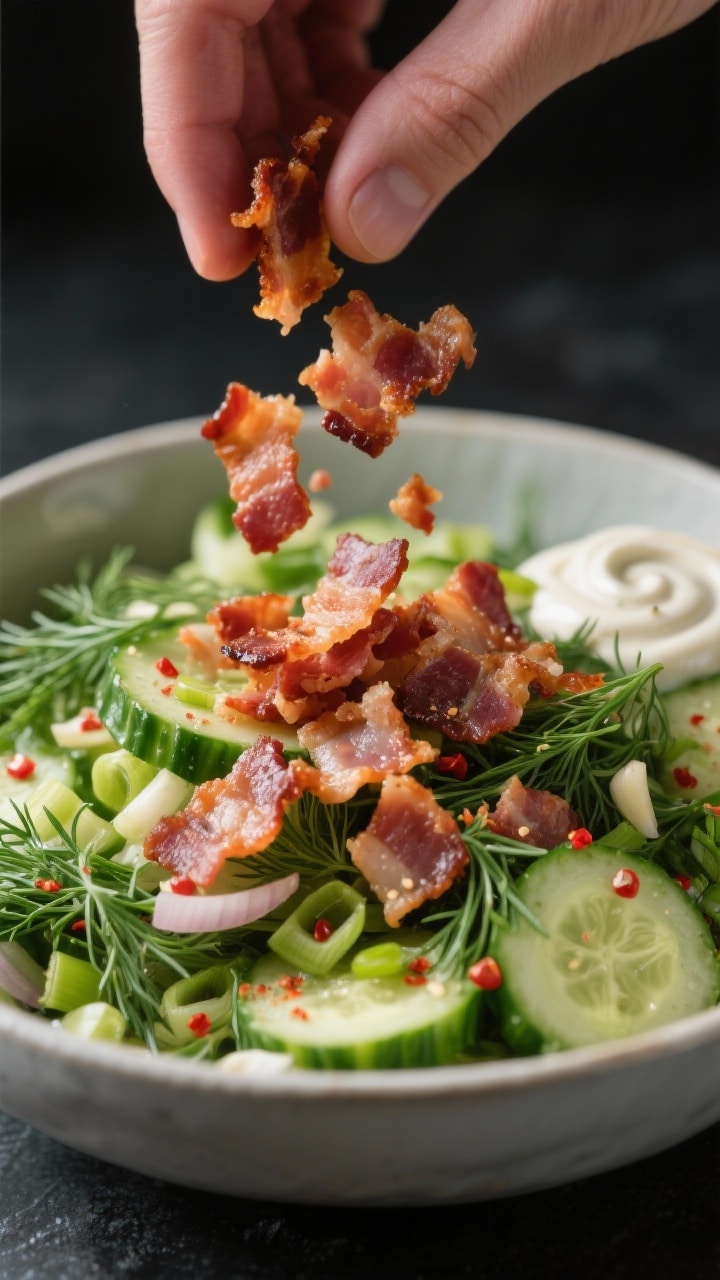 Close-up, process detail: ultra-crisp bacon being crumbled over a chilled bowl of dressed cucumbers,