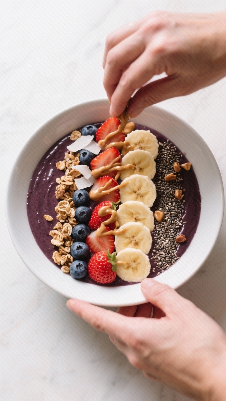 Cooking process: Acai smoothie bowl being assembled—overhead shot of the prepared acai base in a w