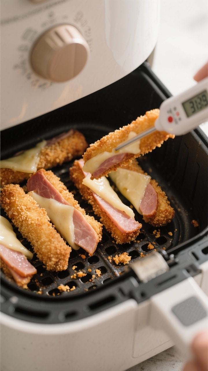Cooking process: Air fryer basket mid-cook with ham and cheese sticks flipped at the 5-minute mark,