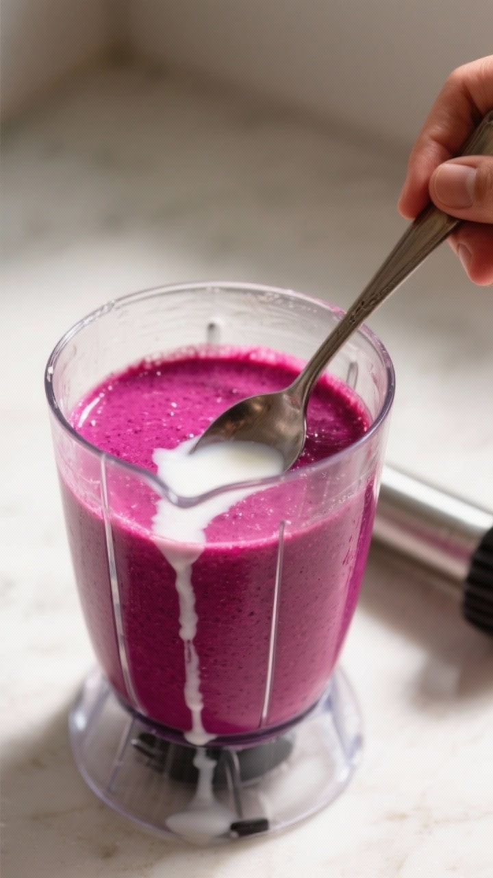Cooking process: Blender jar filled with the blended, vibrant magenta smoothie base, tamper resting 