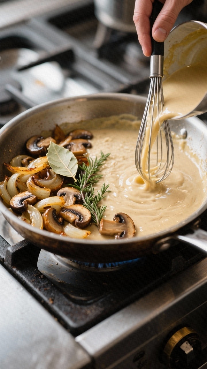 Cooking process: Building the gravy—onions and cremini mushrooms sautéed to deep golden with thym