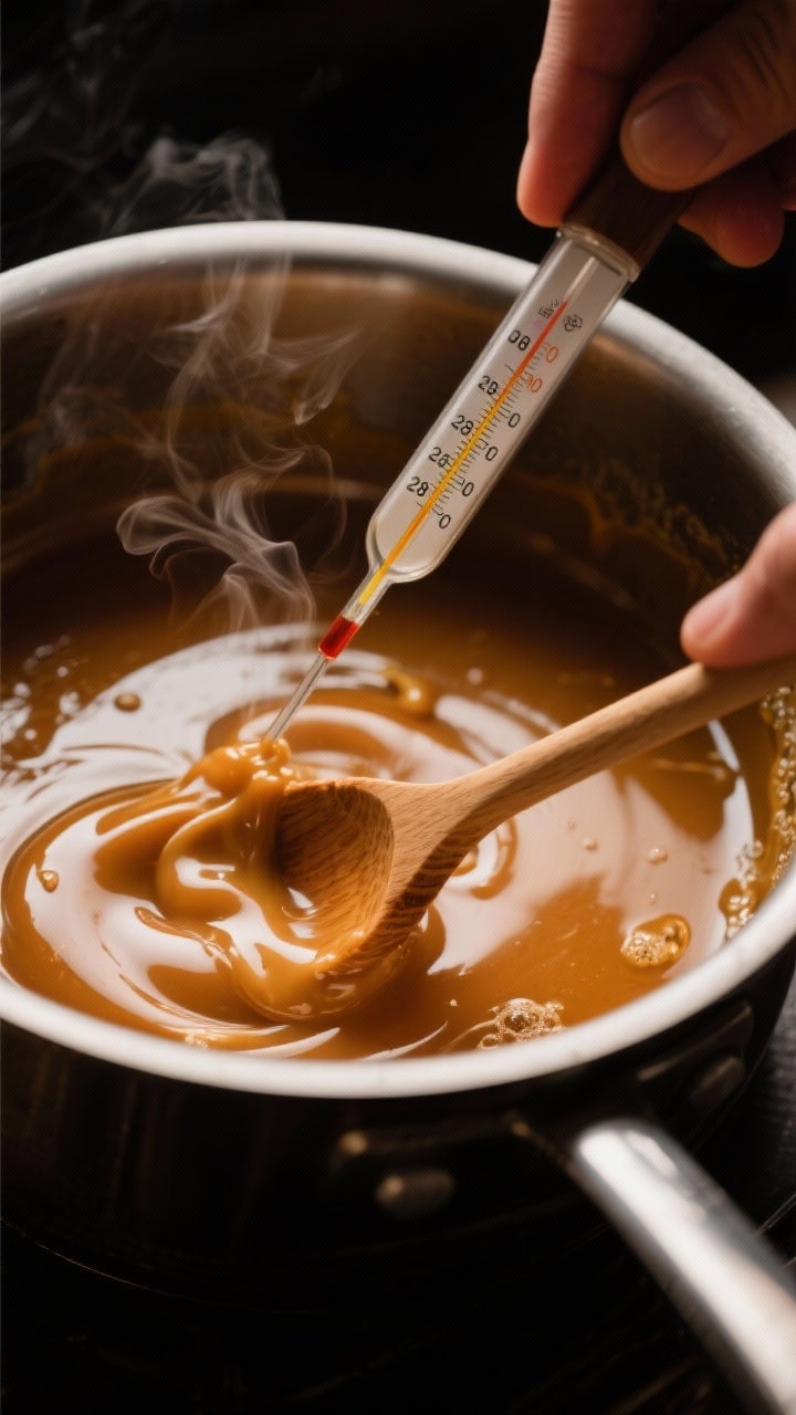 Cooking process: Caramel syrup at soft-ball stage in a heavy-bottomed saucepan, silky butter-sugar-c