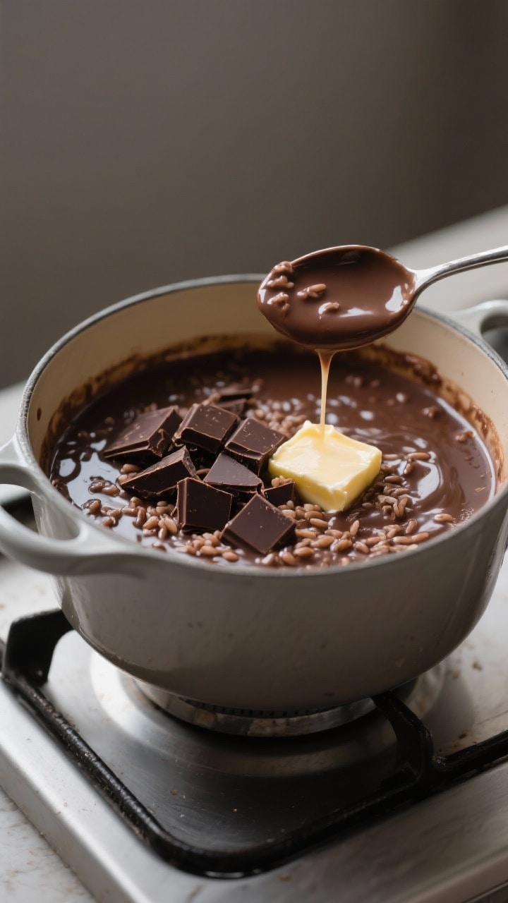 Cooking process: Champorado being enriched at the stove—action shot of chopped dark chocolate just