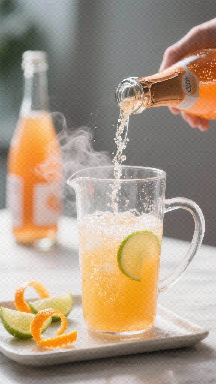 Cooking process: Chilled sparkling wine being poured slowly at an angle into the prepared juice base