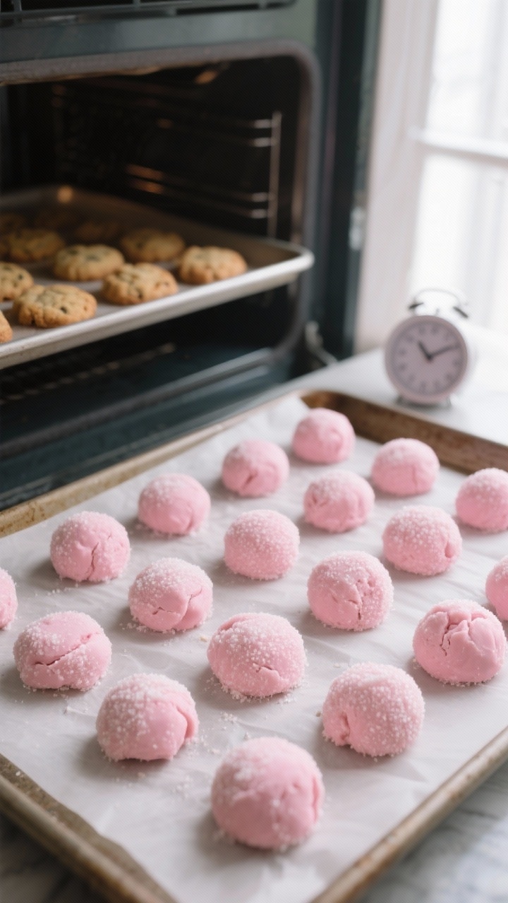 Cooking process: Chilled, sugar-rolled pink cookie dough balls arranged evenly on a parchment-lined 