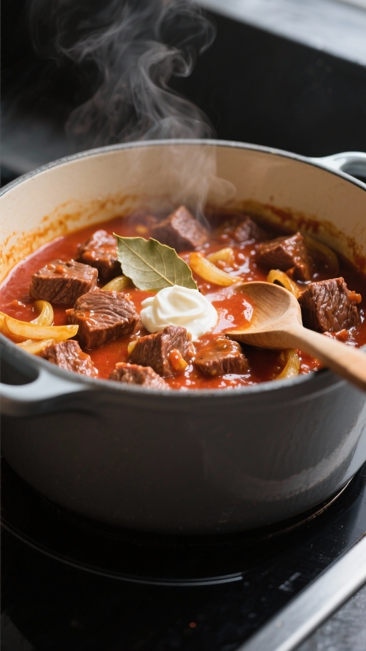 Cooking process close-up: A heavy enameled Dutch oven on the stovetop with creamy German goulash mid