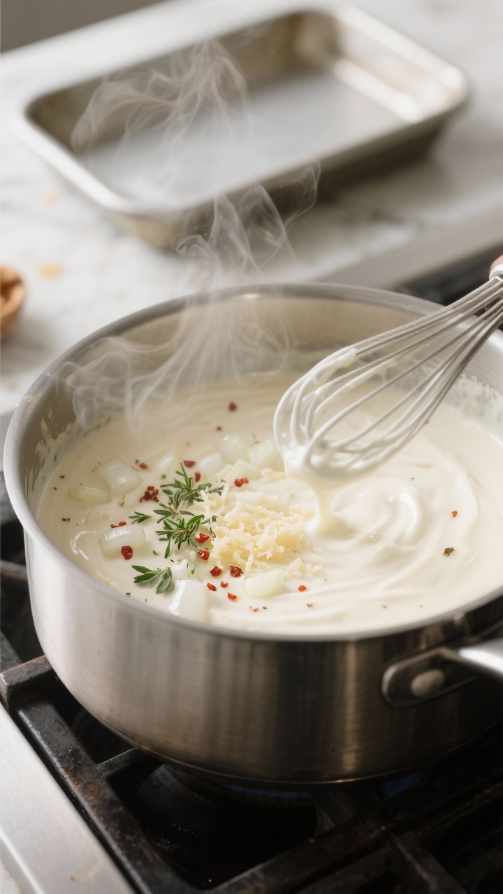 Cooking process close-up: A large stainless-steel pot on the stove with creamy white sauce thickenin