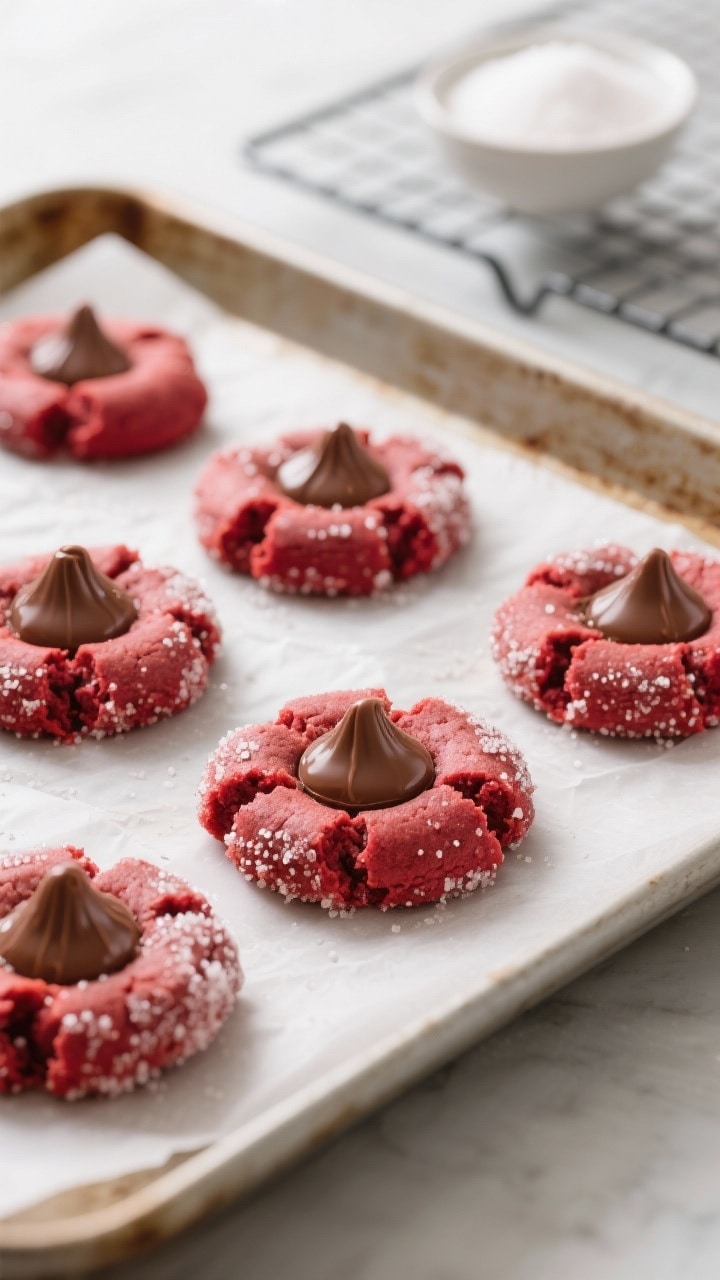 Cooking process close-up: A parchment-lined baking sheet just pulled from the oven at 350°F showing