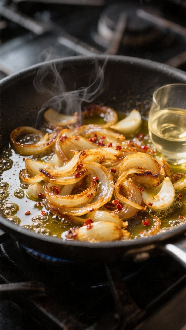 Cooking process close-up: A wide, shallow skillet filled with deeply caramelized golden-brown onion 