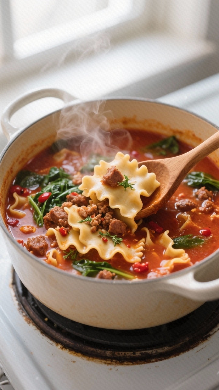 Cooking process – close-up detail: A steaming pot of lasagna soup at a lively simmer, glossy tomat