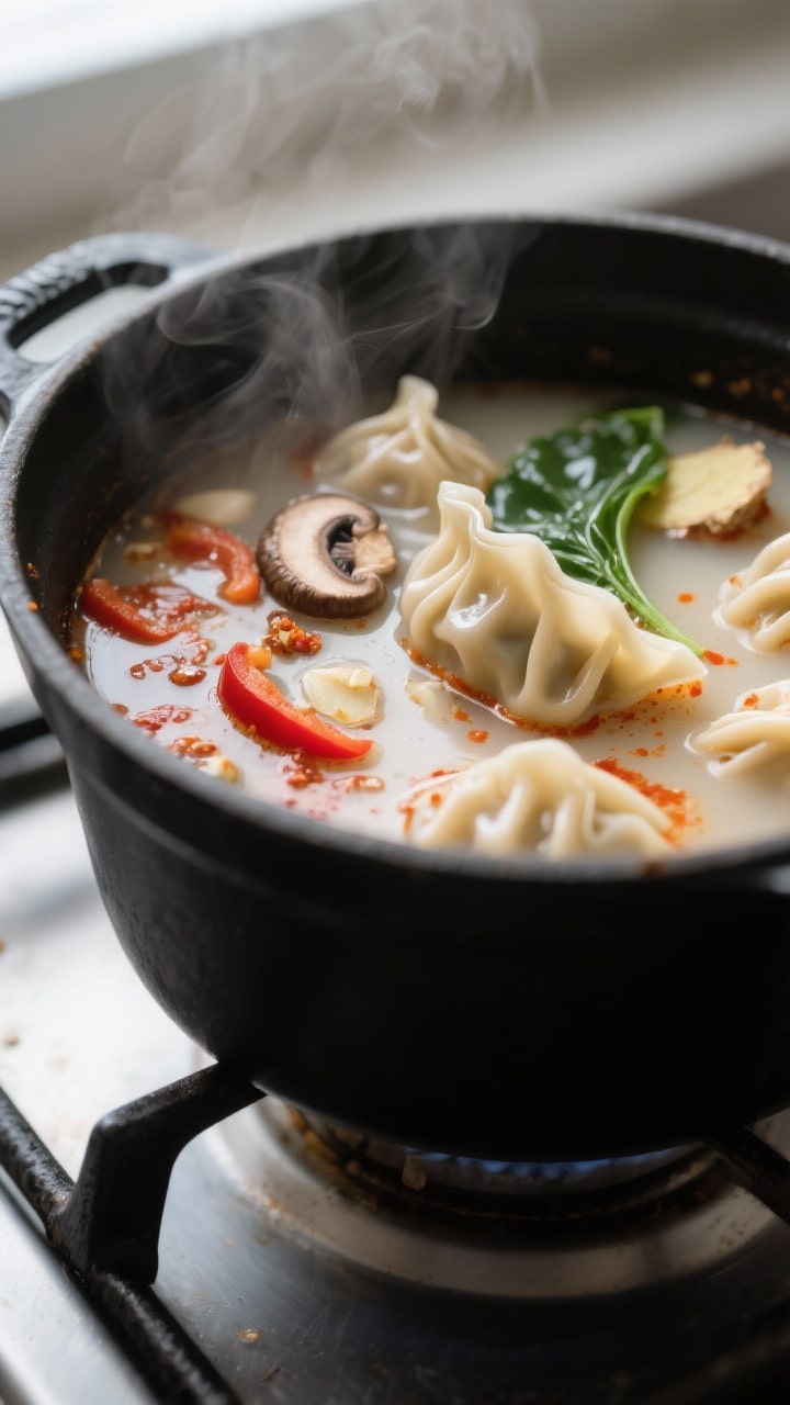 Cooking process, close-up detail: A steaming pot of Thai potsticker coconut soup at a gentle simmer,