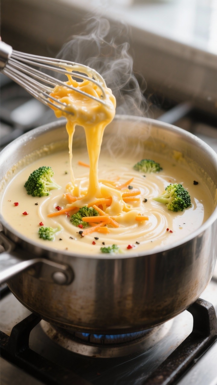 Cooking process, close-up detail: A velvety broccoli cheese soup mid-cook in a heavy pot, captured c
