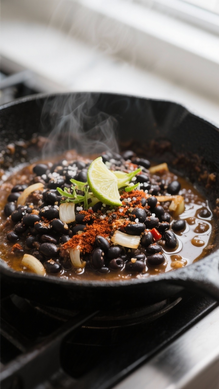 Cooking process, close-up detail: Close-up of black bean taco filling sizzling in a matte black skil