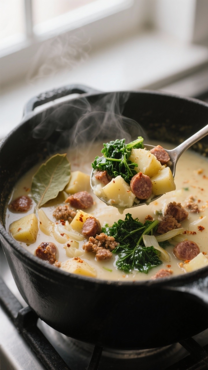 Cooking process, close-up detail: Close-up of sausage potato soup simmering in a matte black Dutch o