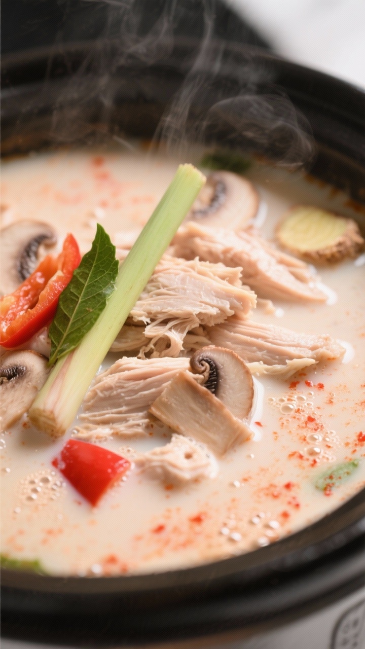 Cooking process, close-up detail: Close-up of slow cooker Thai coconut chicken soup mid-simmer, show