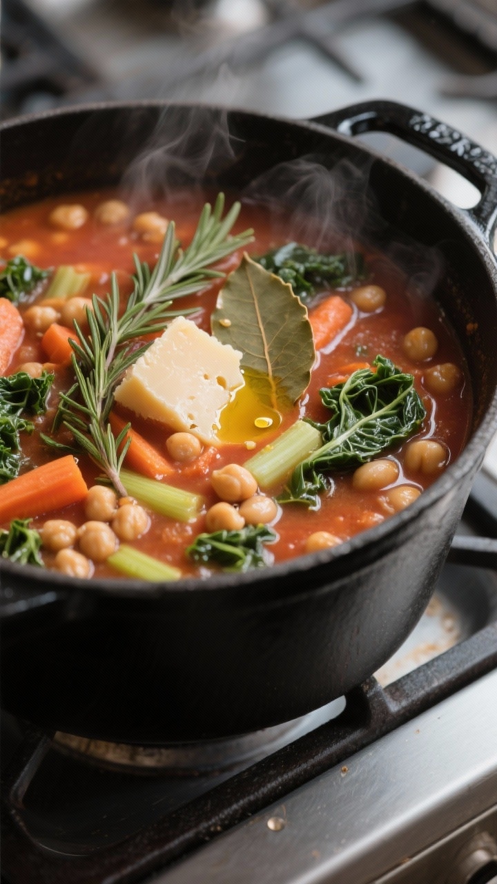 Cooking process, close-up detail: Close-up of Tuscan garbanzo bean soup mid-simmer in a matte black 