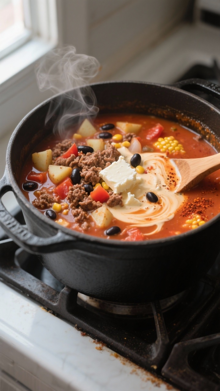 Cooking process, close-up detail: Creamy cowboy soup mid-simmer in a matte black Dutch oven, overhea