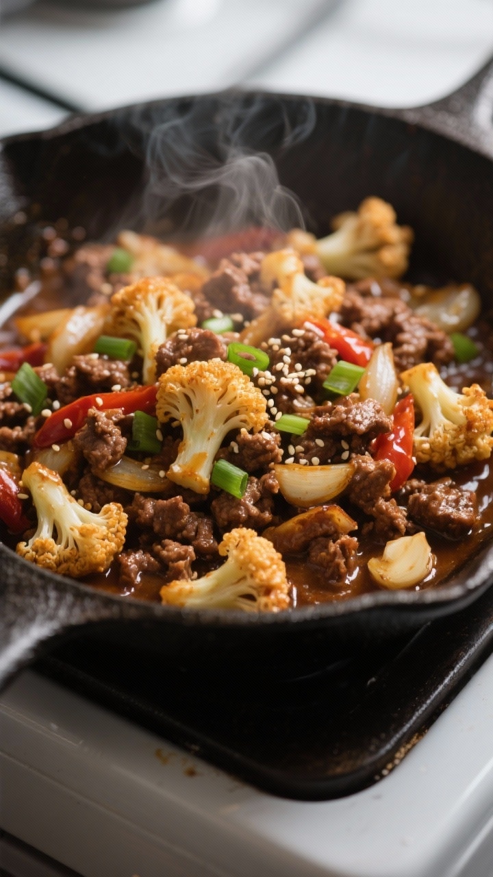 Cooking process, close-up detail: Crispy chile ground beef sizzling in a cast-iron skillet with brow