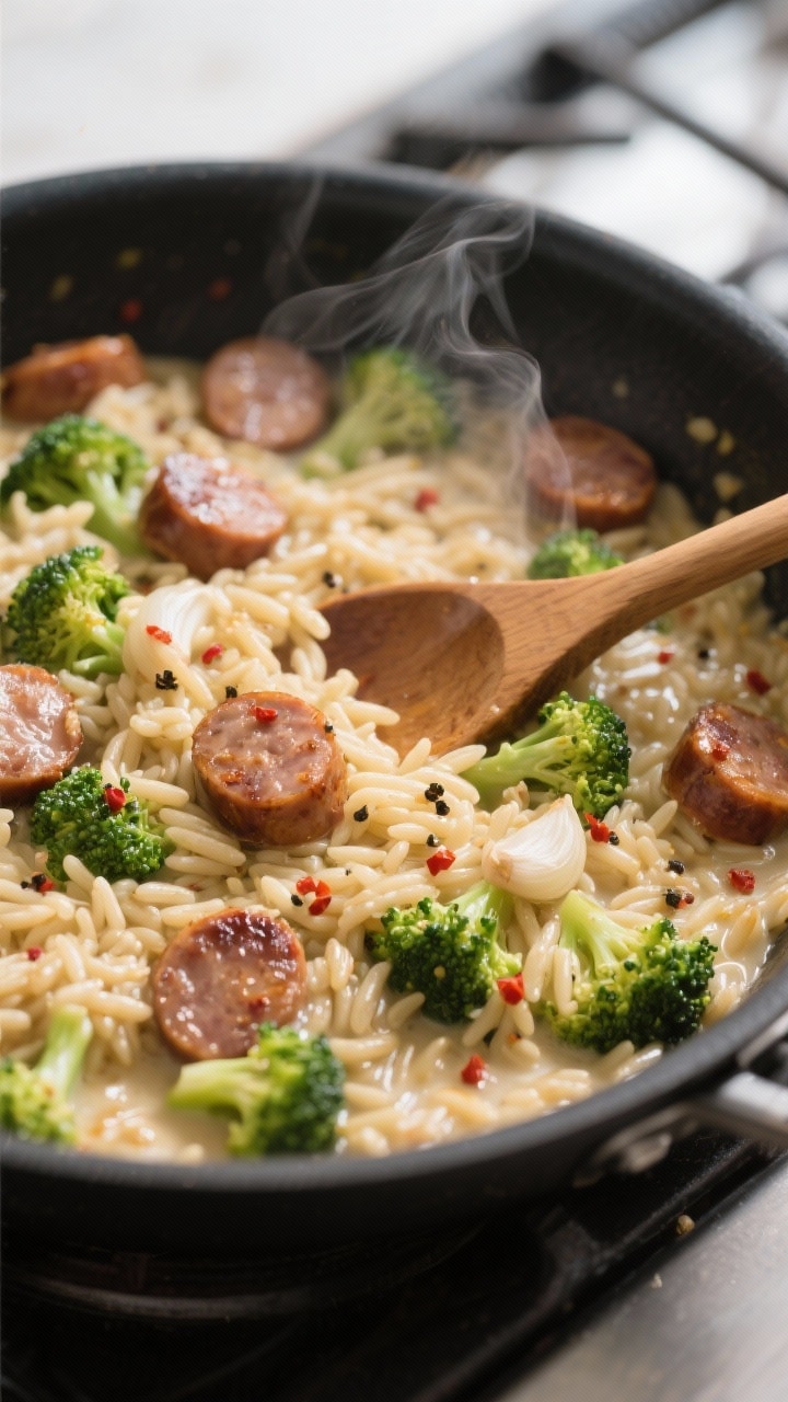Cooking process, close-up detail: In-pan shot of creamy orzo simmering with browned chicken sausage 