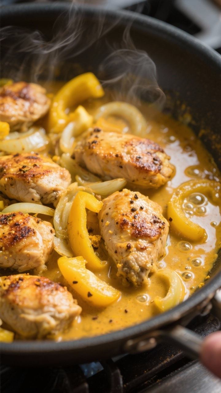 Cooking process, close-up detail: Sautéed yellow bell peppers and onions in a wide skillet with sea