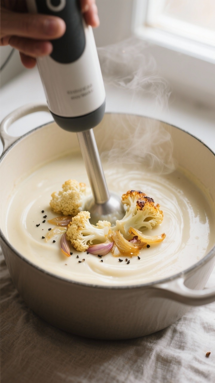 Cooking process, close-up detail: Silky cauliflower soup being blended directly in a pot with an imm