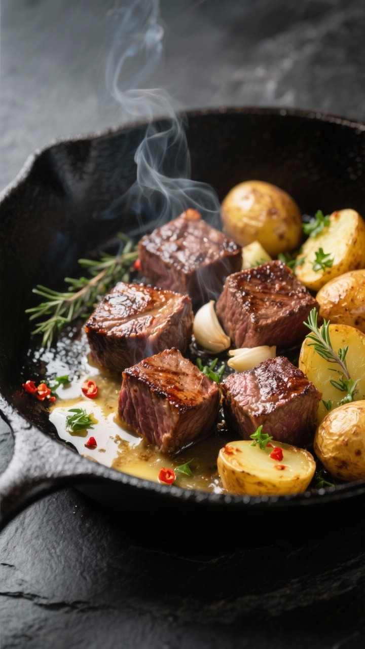 Cooking process, close-up detail: Sizzling garlic steak bites searing in a black cast-iron skillet o