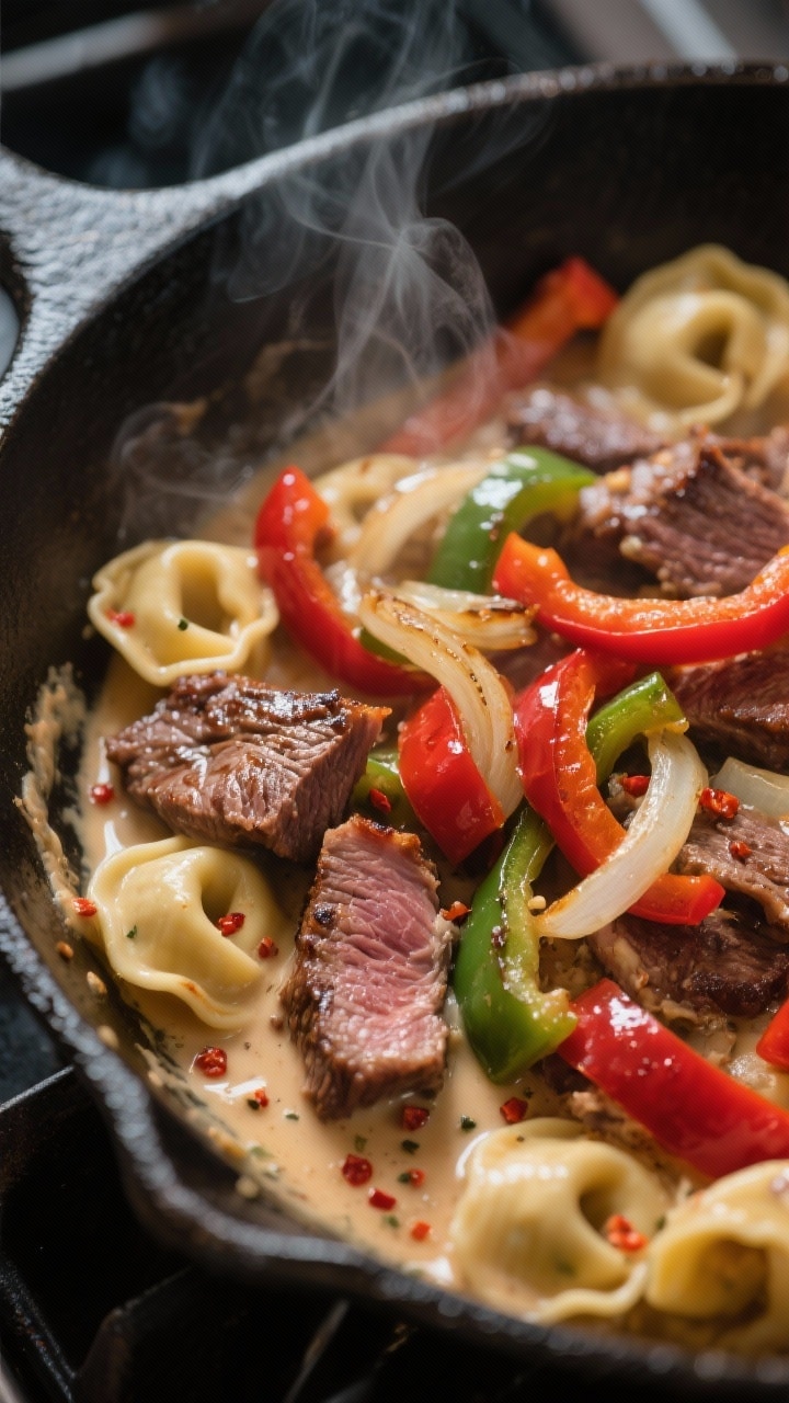 Cooking process, close-up detail: Sizzling Philly cheesesteak tortellini pasta mid-cook in a large c