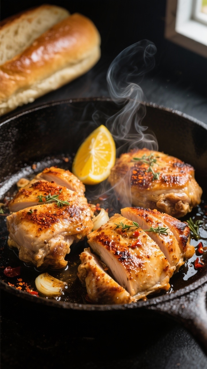 Cooking process, close-up detail: Sliced, freshly seared citrus-garlic marinated chicken thighs sizz