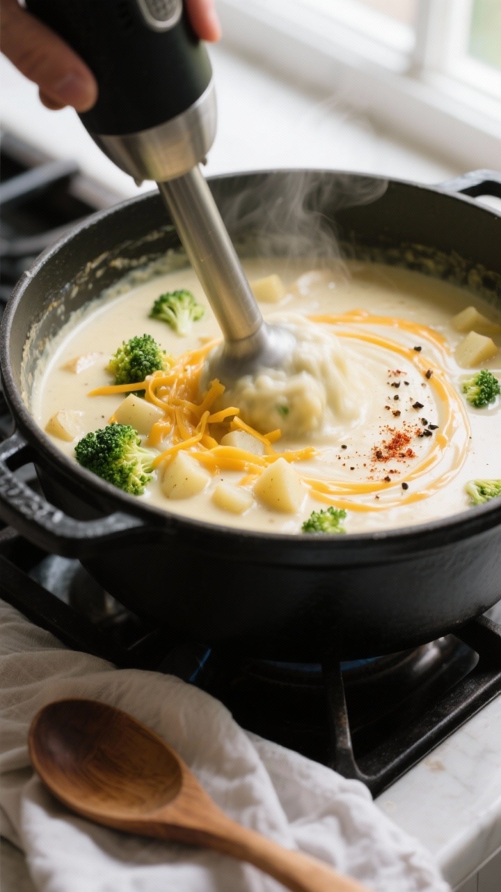 Cooking process, close-up detail: Steaming, partially blended broccoli potato cheese soup in a matte