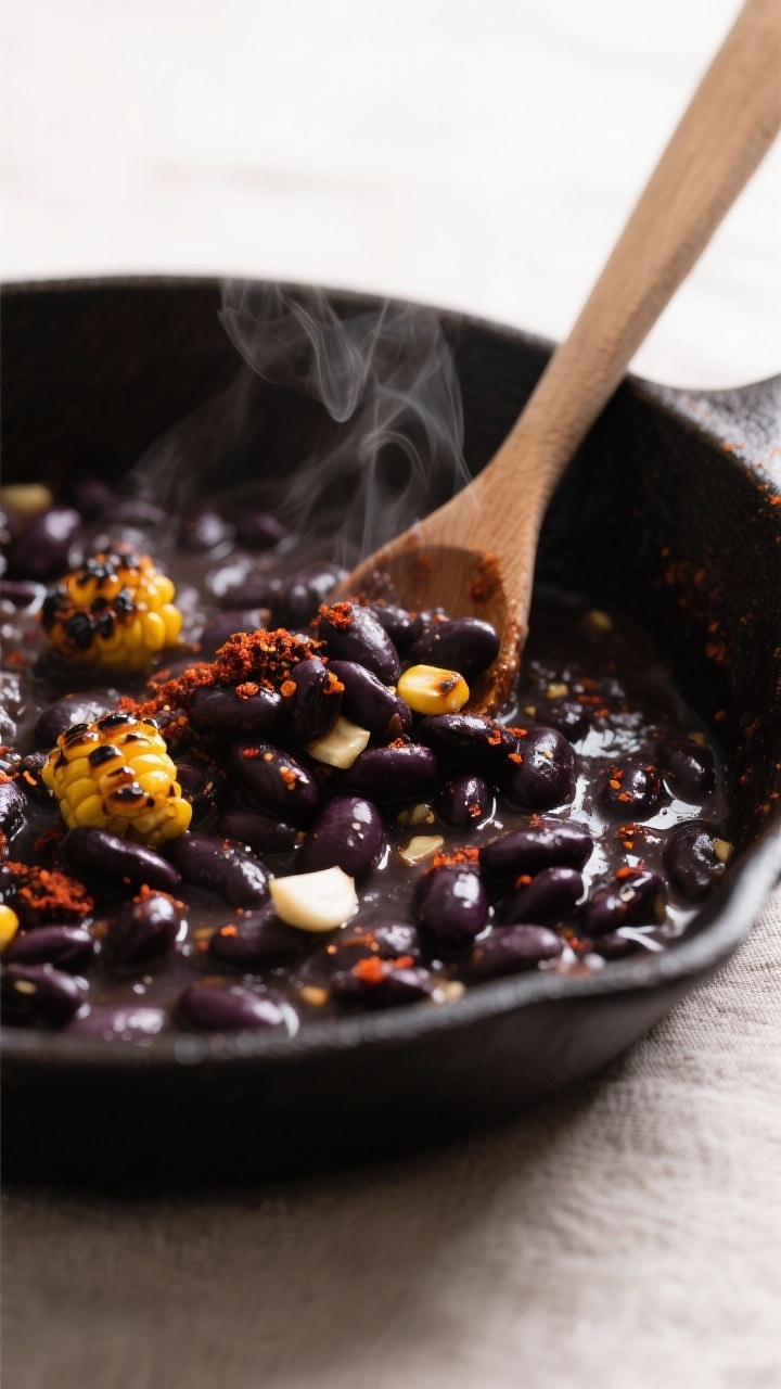 Cooking process, close-up detail: Warm spiced black beans simmering in a shallow skillet, glossy and