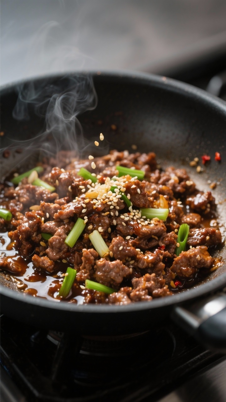 Cooking process close-up: Glossy Korean-style ground beef sizzling in a wide skillet, crumbled and w