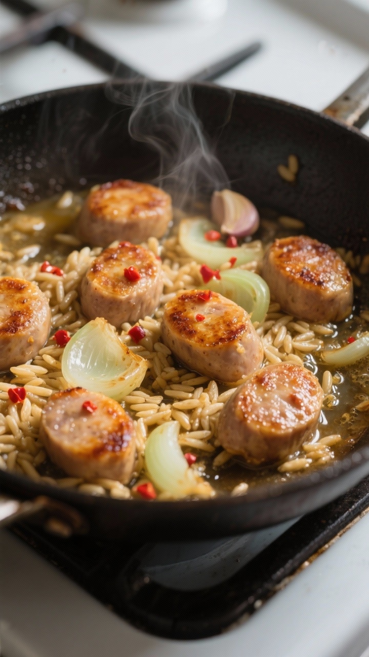 Cooking process close-up: Golden-browned chicken sausage rounds sizzling with toasted orzo in a wide